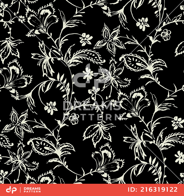 Seamless Hand Drawn Flowers with Leaves. Repeating Pattern on Black Background.