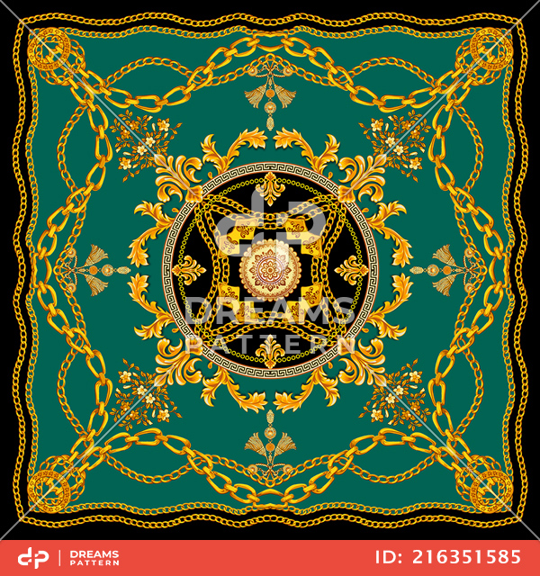 Luxury Scarf Design with Golden Chains and Baroque, Jewelry Shawl Pattern.