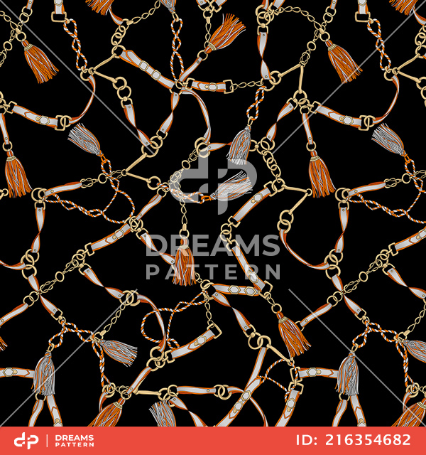 Seamless Pattern of Golden Chains, Rings, Ropes and Belts on Black Background.