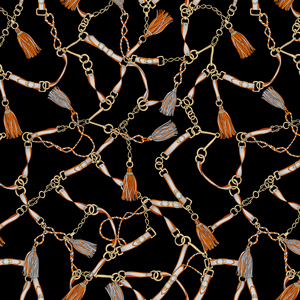 Seamless Pattern of Golden Chains, Rings, Ropes and Belts on Black Background.