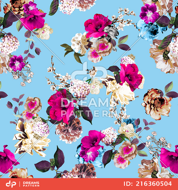 Seamless Floral Pattern with Leaves, Repeated Design Ready for Textile Prints.