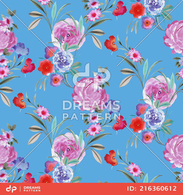 Seamless Colorful Floral Pattern, Hand Drawn Flowers Design Ready for Textile Prints.