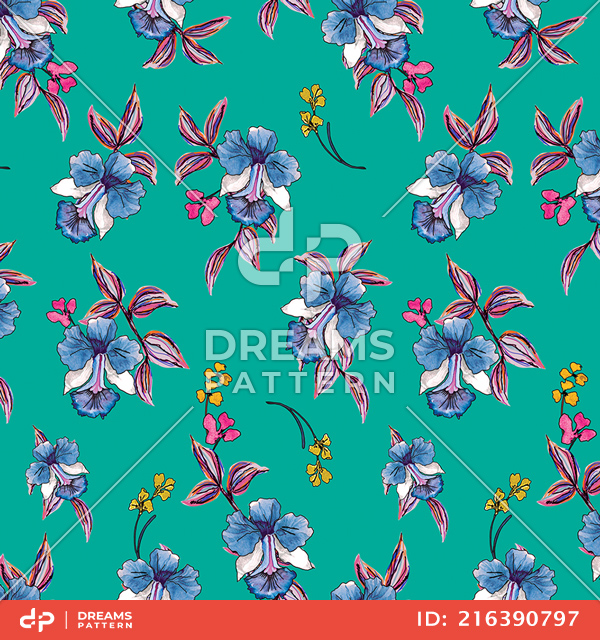 Cute Hand Drown Flowers with Leaves on Green Background, Path for Textile Prints.