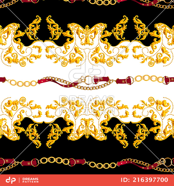 Seamless Golden Baroque Luxury Design with Belts, Ready for Textile Prints.