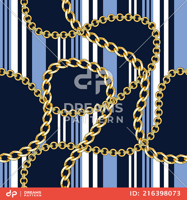 Seamless Pattern with Golden Chains and Red Lines on Dark Blue Background.