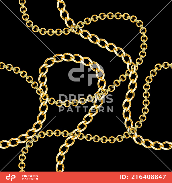 Seamless Pattern with Golden Chains on Black Background.