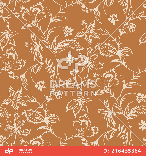 Seamless Hand Drawn Flowers with Leaves. Repeating Pattern on Brown Background.