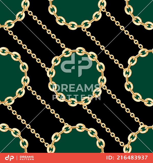 Seamless Circle Shaped Golden Chains on Black, Ready for Textile Prints.