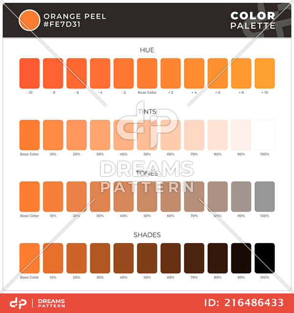Orange Peel / Color Palette Ready for Textile. Hue, Tints, Tones and Shades Guide.