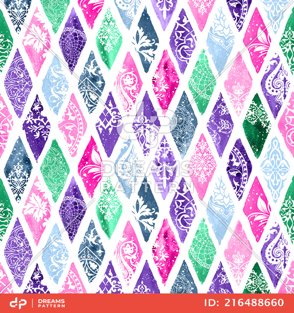 Seamless Pattern of Watercolor Diamonds with Effect. Ethnic Fashion Pattern.