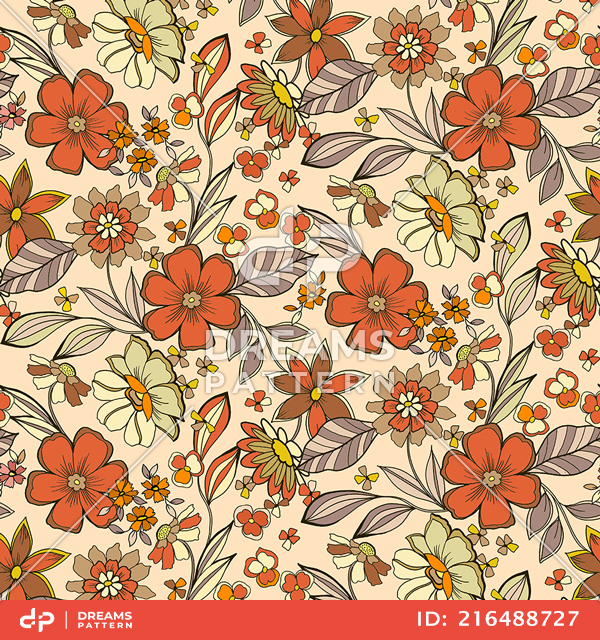 Seamless Hand Drawn Floral Pattern, Colored Flowers Ready for Textile Prints.