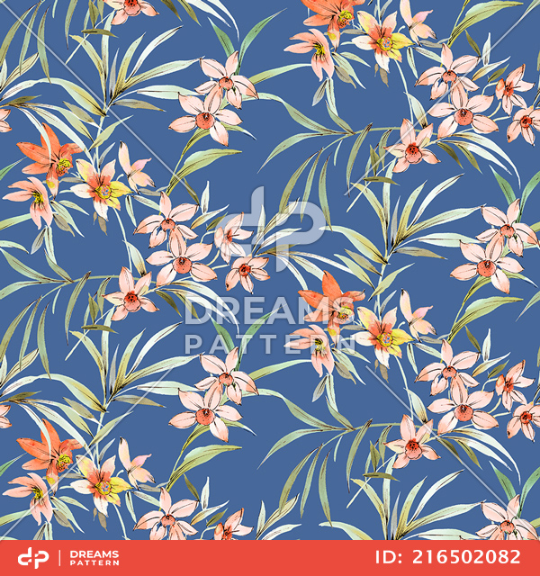 Seamless Tropical Floral with Leaves, Romantic Flowers Pattern Ready for Textile Prints.