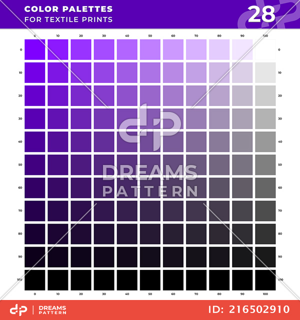 Set 28 Color Palettes for Textile Prints. Tints and Shades Chart, Colors Guide Swatches.