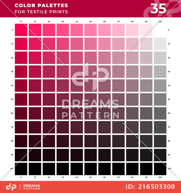 Set 35 Color Palettes for Textile Prints. Tints and Shades Chart, Colors Guide Swatches.