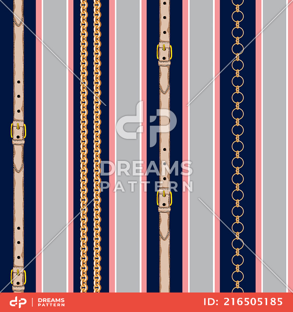 Seamless Pattern of Golden Chains and Belts on Striped background.