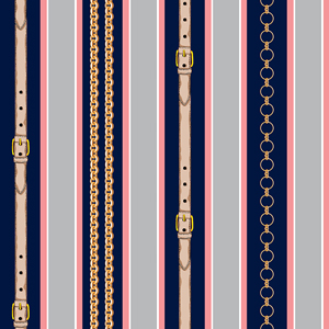Seamless Pattern of Golden Chains and Belts on Striped background.