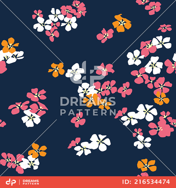 Seamless Hand Drawn Mini Flowers. Repeating Pattern on Dark Blue Background.