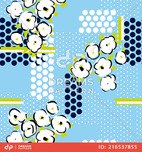 Seamless Flowers Pattern with Dots and Lines Ready for Textile Prints.