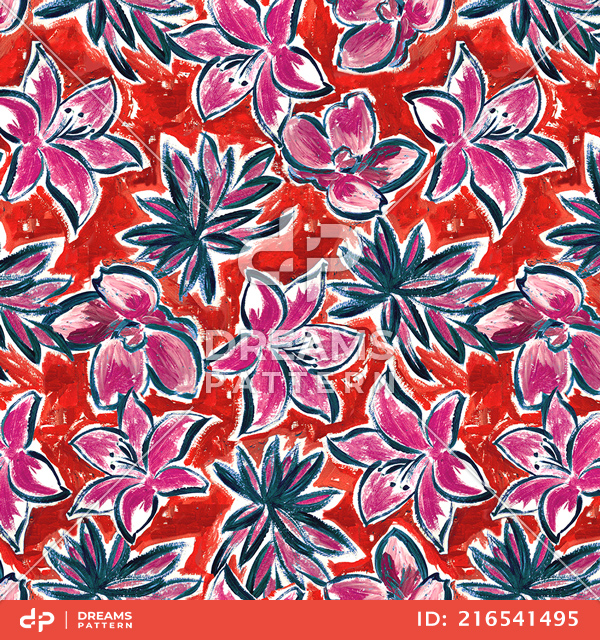 Seamless Watercolor Floral Pattern, Hand Drawn Flowers with Brushes.