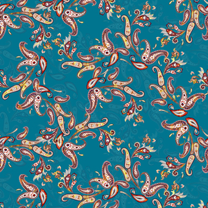 Seamless Colorful Paisley Pattern on Blue Background, Ready for Textile Prints.