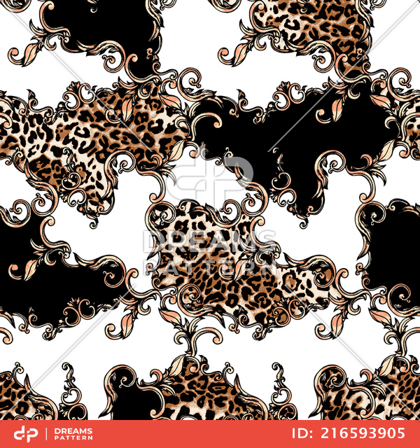 Leopard Skin and Baroque, Seamless Colored Pattern Patch for Textile Print.