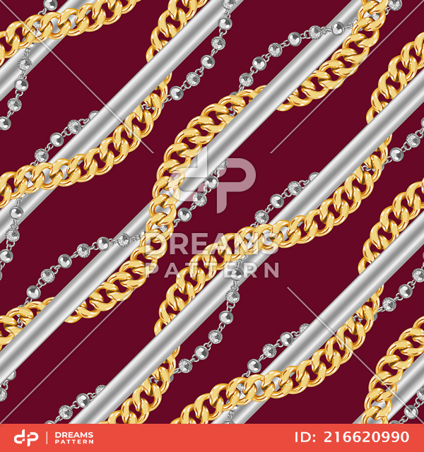 Seamless Pattern of Golden and Silver Chains. Curved Waves, Designed with diagonal form.