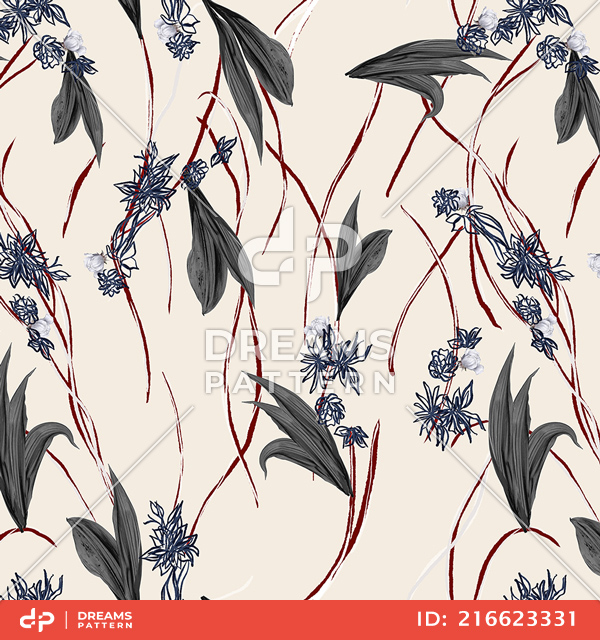 Modern Design for Fashion, Seamlees Hand Drawn Flowers with Leaves on Beige.