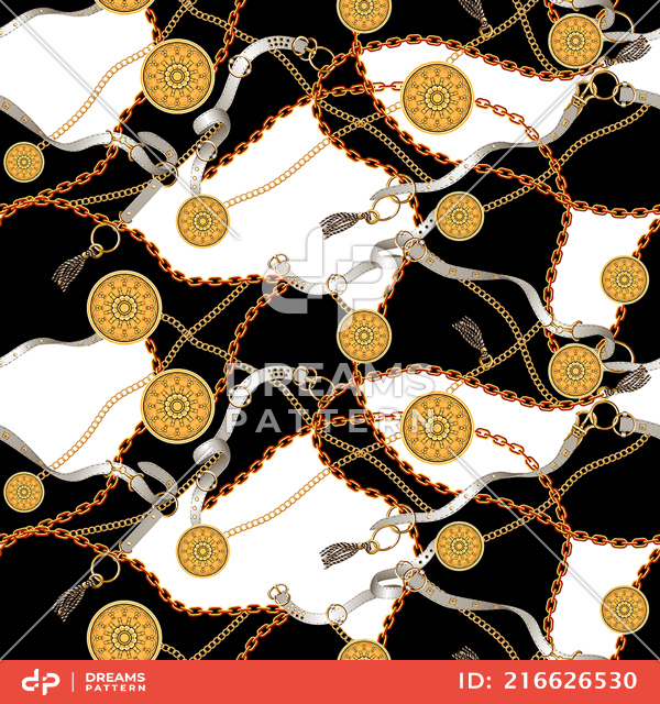 Trendy Seamless Pattern with Golden Chains and Belts on Black and White Background.