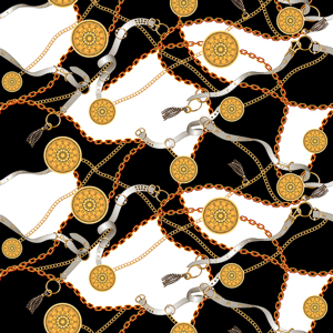 Trendy Seamless Pattern with Golden Chains and Belts on Black and White Background.