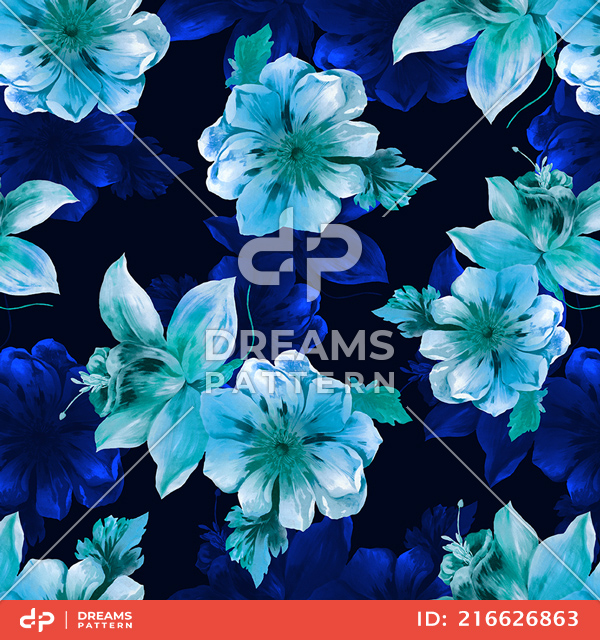 Beautiful Hand Drown Big Flowers with Leaves on Dark Blue Background.
