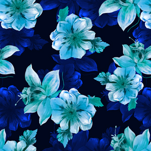 Beautiful Hand Drown Big Flowers with Leaves on Dark Blue Background.