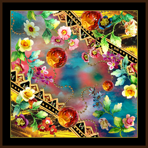 Modern Art for Silk Scarf Shawl, Flowers with Golden Baroque on Colored Background.