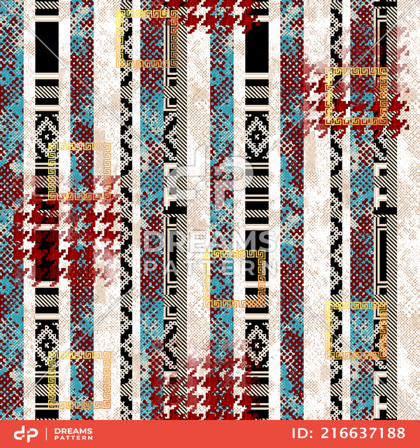 Seamless Abstract Design, Hounds Tooth and Ethnic on Lined Background.