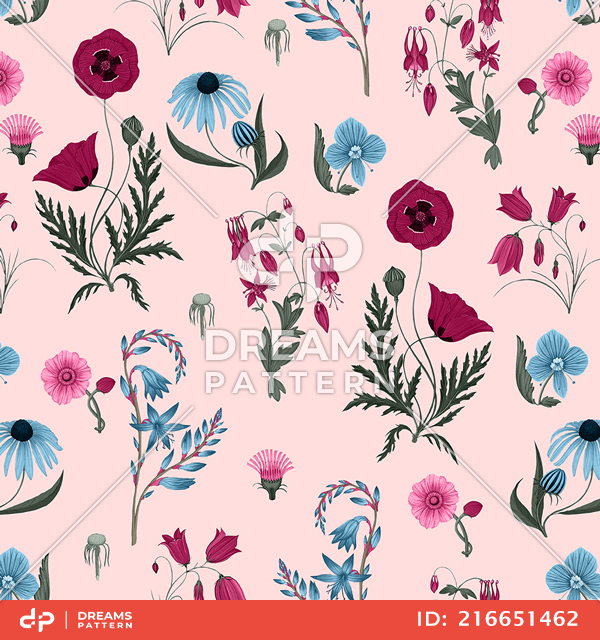 Seamless Colored Floral Pattern On Light Background, Designed for Textile Prints.