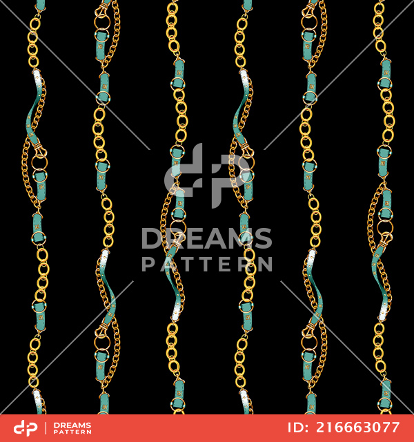 Seamless Pattern of Golden Chains and Green Belts, on White Background.