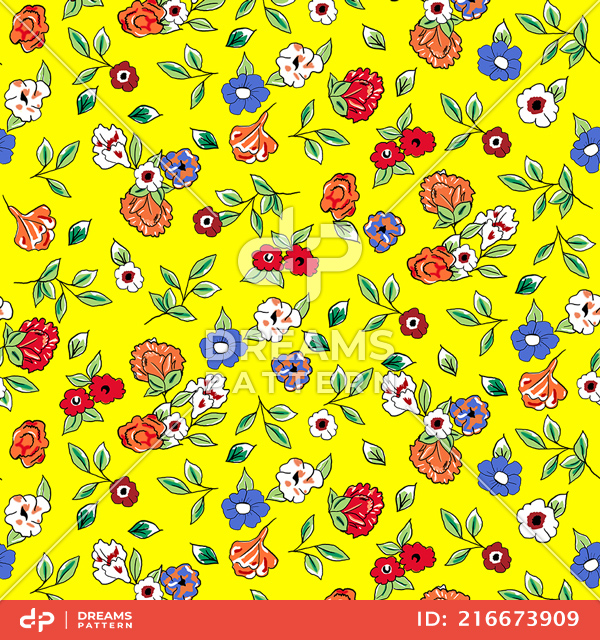 Small Hand Drawn Flowers, Seamless Spring Pattern on Yellow Background.