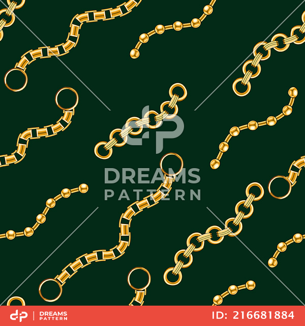 Seamless Golden Chains, Luxury Pattern on Dark Green Background.