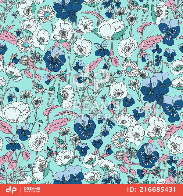 Seamless Hand Drawn Floral Pattern, Colored Flowers Ready for Textile Prints.