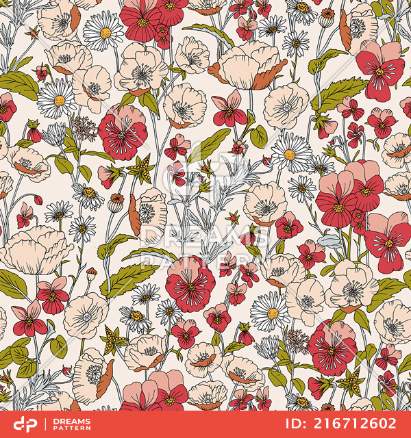 Seamless Hand Drawn Floral Pattern, Colored Flowers Ready for Textile Prints.