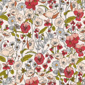 Seamless Hand Drawn Floral Pattern, Colored Flowers Ready for Textile Prints.