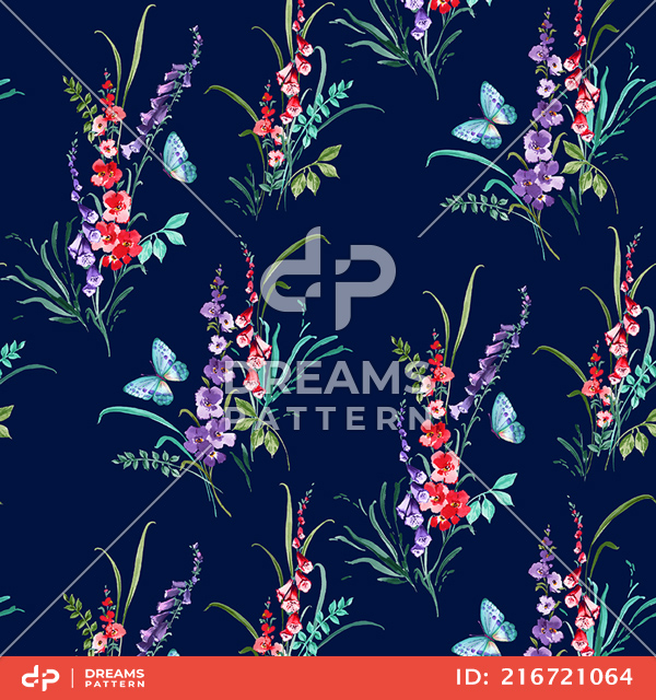 Seamless Watercolor Flowers with Leaves, Spring Pattern on Dark Blue Background.