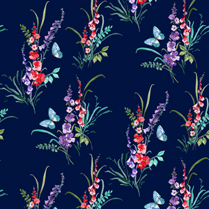 Seamless Watercolor Flowers with Leaves, Spring Pattern on Dark Blue Background.