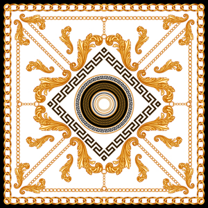 Luxury Scarf Design with Golden Chains and Baroque, Jewelry Shawl Versace Pattern.
