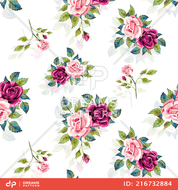 Beautiful Seamless Design with Colorful Watercolor Roses on White Background.