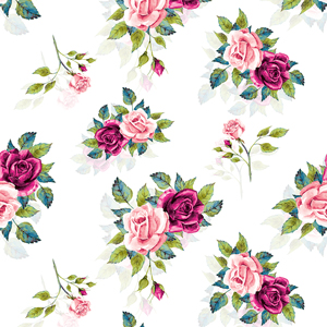Beautiful Seamless Design with Colorful Watercolor Roses on White Background.