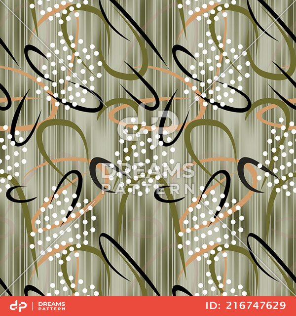 Seamless Modern Abstract Pattern, Colored Curves with Dots on Lined Background.