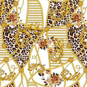 Seamless Pattern with Golden Chains, Baroque, Flowers and Leopard Skin on White.