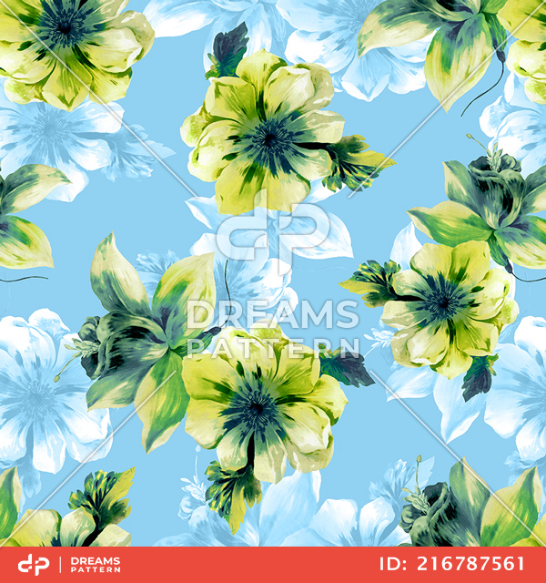 Beautiful Hand Drown Big Flowers with Leaves on Light Blue Background.