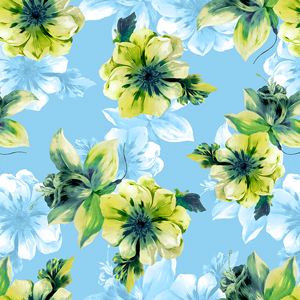 Beautiful Hand Drown Big Flowers with Leaves on Light Blue Background.