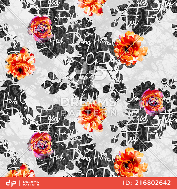 Seamless Floral Design, Textured Pattern with Hand Writing, Ready for Textile Prints.